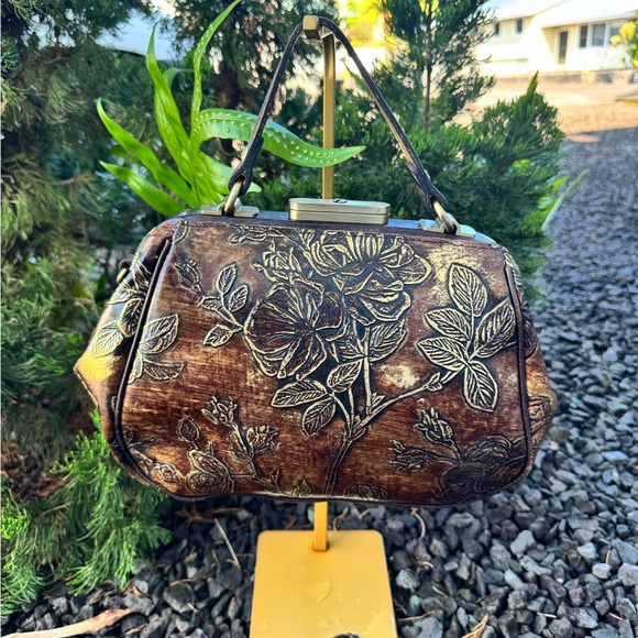 Patricia Nash Vintage Tooled Leather Doctor Bag Burnished Floral Frame Satchel - Picture 5 of 13